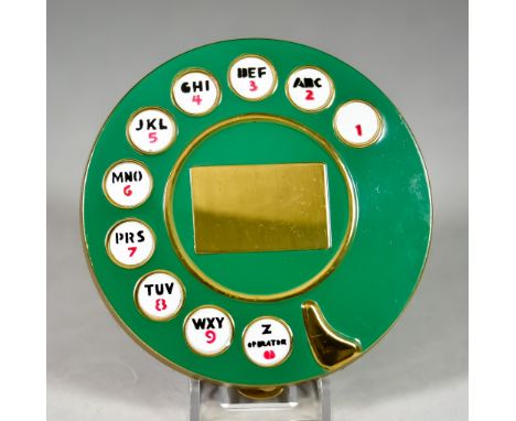 A Vintage Telephone Dial Powder Compact, 1950's, green enamel and gold tone, puff and sifter complete, 3.5ins diameter Proven