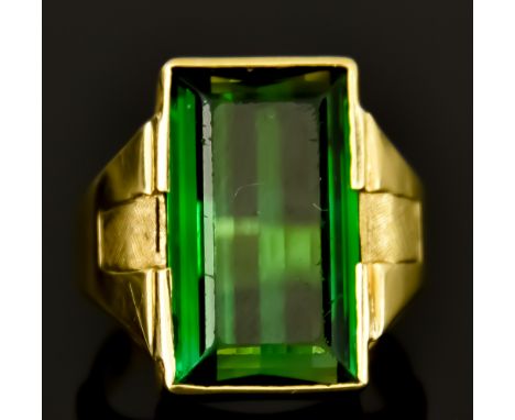 A Large Green Tourmaline Dress Ring, 20th Century, set with a large faceted tourmaline stone, 7mm x 10mm, size K, gross weigh