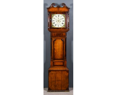 An Early 19th Century Oak and Mahogany Banded Longcase Clock by Sharman of Melton Mowbray, the 12ins square painted dial with