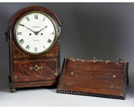 A 19th Century Mahogany Cased and Brass Inlaid Mantel Clock, by Henry Harris of Truro, the 7.5ins diameter domed dial with Ro