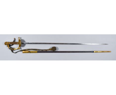 An English Victorian Officer's Court Sword with Scabbard, 31ins bright steel blade etched with foliate work, gilt metal guard