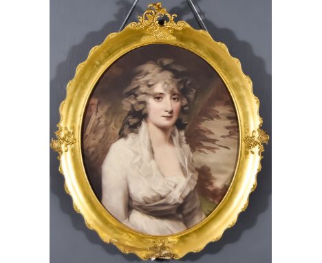 After Henry Raeburn (1756-1823) - Coloured mezzotint - Portrait of Mrs H W Lauzen, 23ins x 19ins, in gilt moulded frame and g