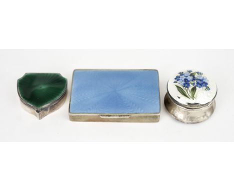 A Gilt Metal and Blue Enamel Rectangular Box and Two Other Boxes, the gilt metal box with guilloche blue enamel lid, cast thu