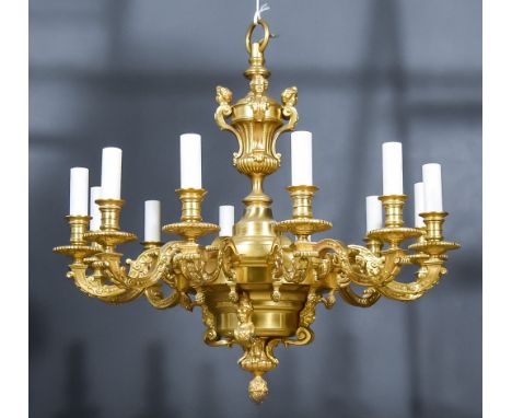 A Gilt Bronze/Ormolu Twelve Branch Electrolier, in the "Empire" Manner, with campagna shaped vase finial, surmounted by putti