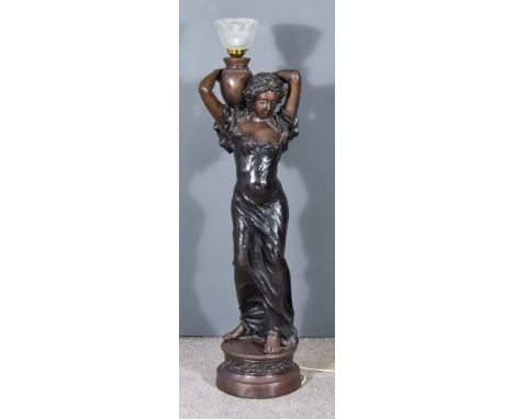 A Late 19th/Early 20th Century Bronze Metal Standing Figure, of a woman holding a water jar on her shoulder, converted to ele