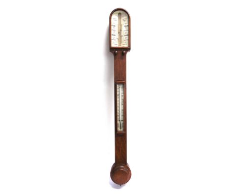 AN EDWARDIAN OAK STICK BAROMETER BY NEGRETTI &amp; ZAMBRA  the ivorine dial with two adjustable registers '10AM YESTERDAY' '1