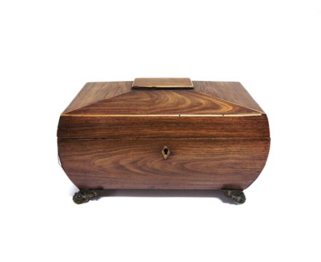 A VICTORIAN ROSEWOOD TEA CADDY  the interior fitted with twin compartments and glass mixing bowl, 31cm wide 17cm deep 19cm hi