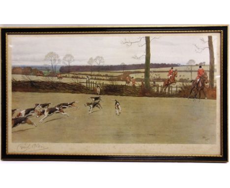 AFTER CECIL ALDIN  Hunting Scene, Full Cry, colour print, signed in pencil lower left, 38.5 x 67.5cm