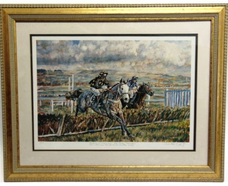 AFTER D.M. DENT  'Hurdling at Cheltenham: The Grey Bomber', limited edition colour print, No. 5/20, signed and numbered in pe