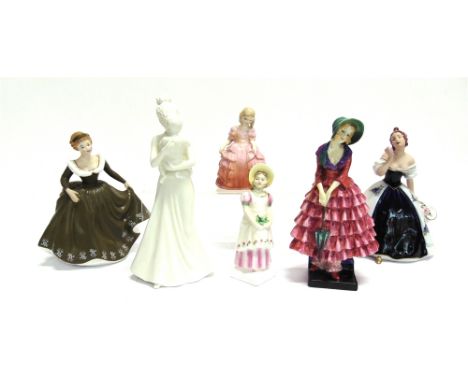 A COLLECTION OF SIX FIGURINES  comprising Royal Doulton HN1368 'Rose', HN 1340 'Priscilla' (a/f), HN2834 'Emma', HN2348 'Gera