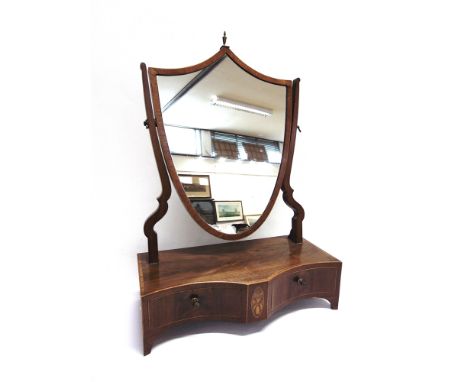 A VICTORIAN DRESSING TABLE MIRROR  with marquetry inlaid decoration, shield shape mirror and two drawers to the shaped base, 