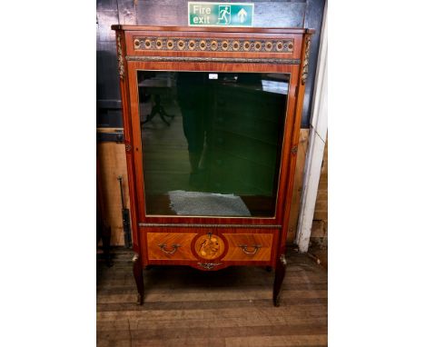 A GOOD QUALITY REPRODUCTION FRENCH STYLE MAHOGANY VITRINE ormolu mounted, the glazed door above a fall front with marquetry p