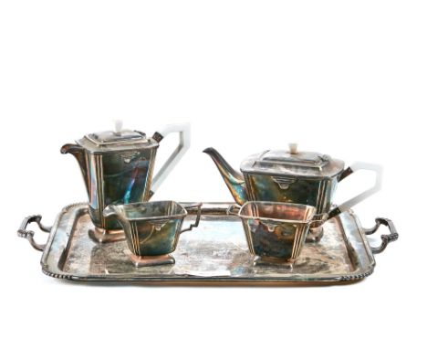 AN ART DECO SILVER-PLATED FIVE PIECE TEA SET, comprising:- Teapot, hot water jug, cream jug, sugar basin and double handled t