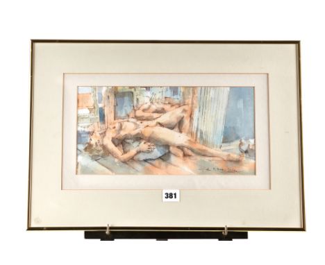 JOHN B.R HINCHLIFFE, 1949-2019, WATERCOLOUR, entitled "The Studio" depicting a nude female, signed, 6 1/2 ins x 13 ins, frame