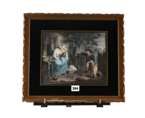 A PAIR OF COLOURED PRINTS in the style of George Morland, figures by a cottage and figures collecting faggots of sticks, each