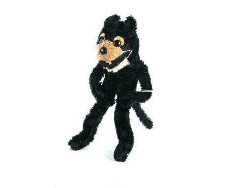 AN EARLY 20TH CENTURY BLACK  PLUSH FELIX THE CAT with black button eyes and nose, 9 ins high.   