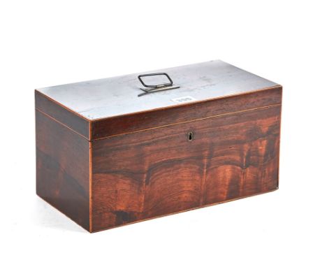 AN EARLY 19TH CENTURY ROSEWOOD AND BOXWOOD STRUNG TEA CADDY, the interior with central bowl aperture and removable canisters,