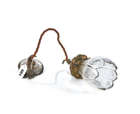 AN EARLY 20TH CENTURY FOLIATE CAST-BRASS HANGING LIGHT FITTING with cut-glass tulip shade and original glass and brass ceilin