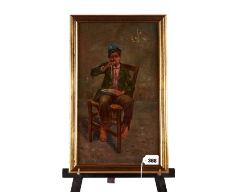 AN EARLY 20TH CENTURY OIL ON PANEL DEPICTING AN URCHIN BOY seated eating, unsigned, 15 ins x 9 ins framed.   