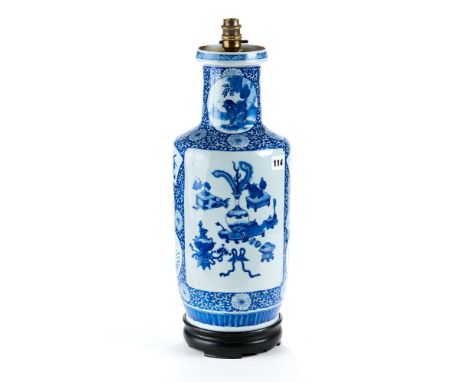 A 19TH CENTURY CHINESE BLUE AND WHITE PORCELAIN VASE decorated in underglaze blue with panels of antiques, foliate reserves a