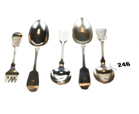 FOUR VICTORIAN SILVER FIDDLE PATTERN DESSERT SPOONS, makers mark:- JS (John Stone, Exeter 1856 and a DITTO FORK, same maker, 