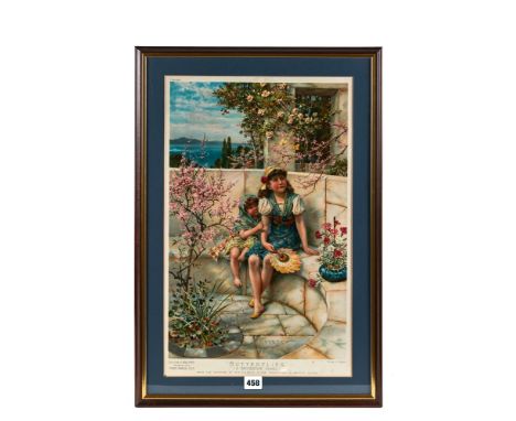 A 1910 PEARS COLOURED PRINT "OVER THE GARDEN WALL" and a DITTO "BUTTERFLIES", each 19 ins x 12 ins, framed and glazed.  (2)  