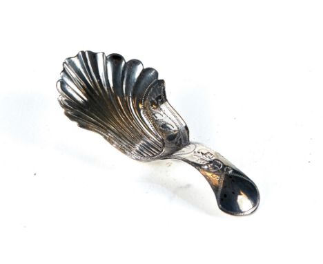 A WILLIAM IV BRIGHT CUT SILVER CADDY SPOON with shell and bowl, maker:- Taylor &amp; Perry, Birmingham 1830.   
