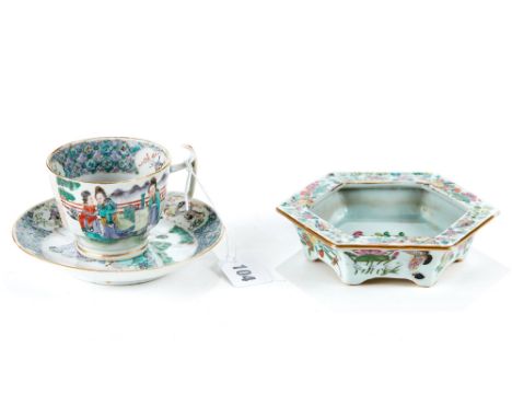 TWO 19TH CENTURY CHINESE PORCELAIN CUPS AND SAUCERS decorated in the canton style with figures in interiors and on terraces a