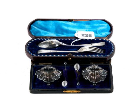 A LATE VICTORIAN FOLIATE ENGRAVED SILVER CHRISTENING FORK AND SPOON SET, maker:- JF. FF, Sheffield 1884 (boxed) and a pair of