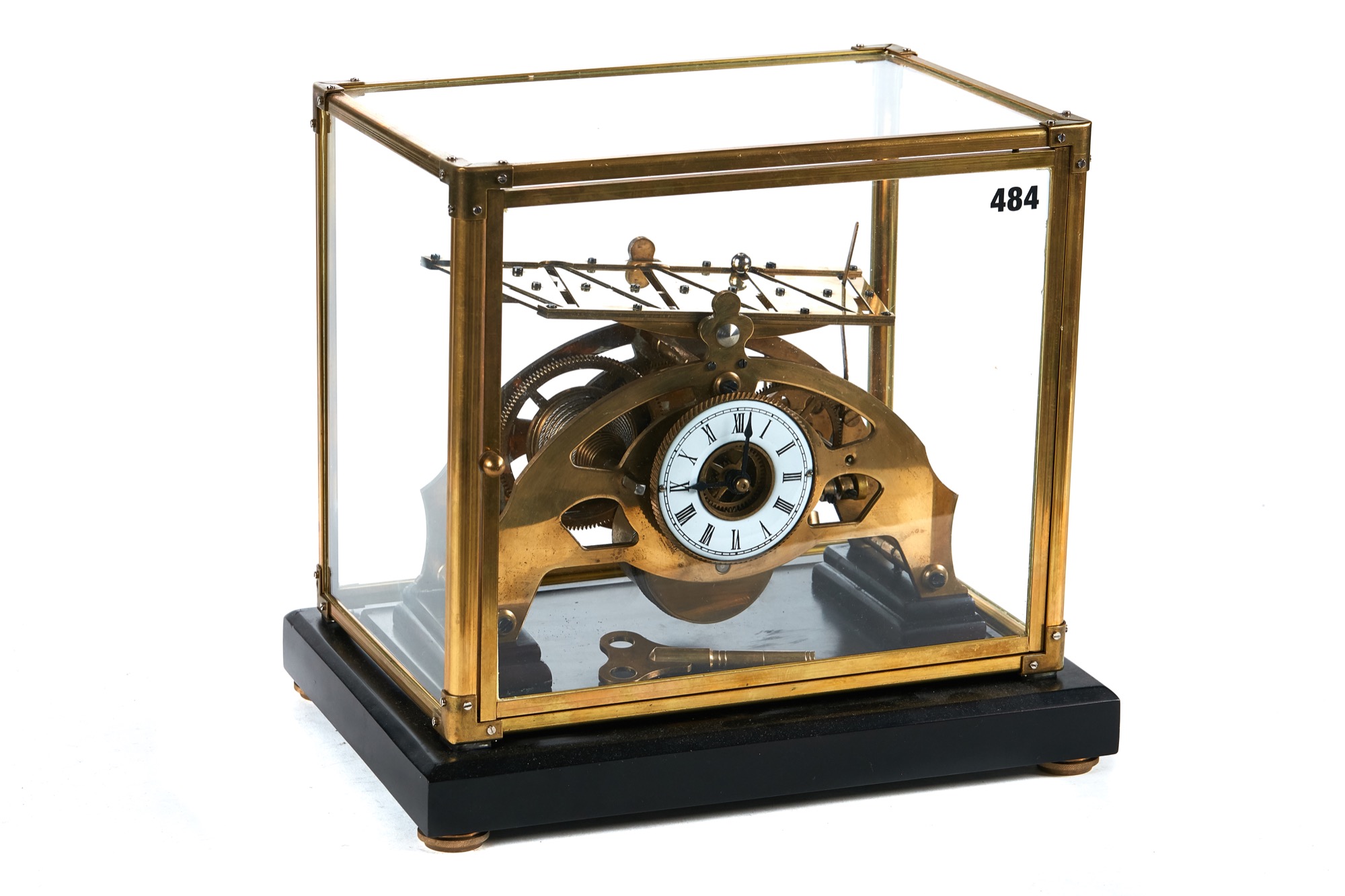 A 20TH CENTURY REPRODUCTION BRASS CONGREVE ROLLING BALL CLOCK, 3 ins