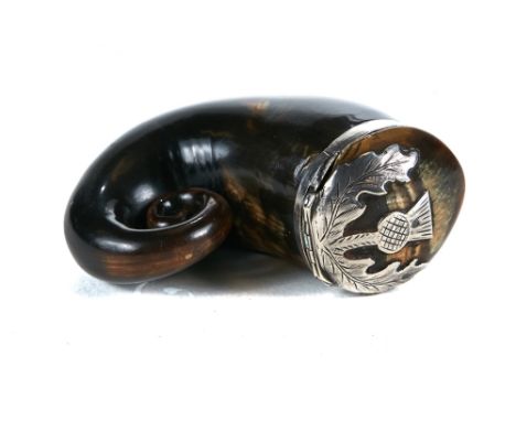 A LATE 18TH CENTURY SCOTTISH HORN SNUFF MILL with masonic compass and square to a heart shaped plate, collar inscribed John C