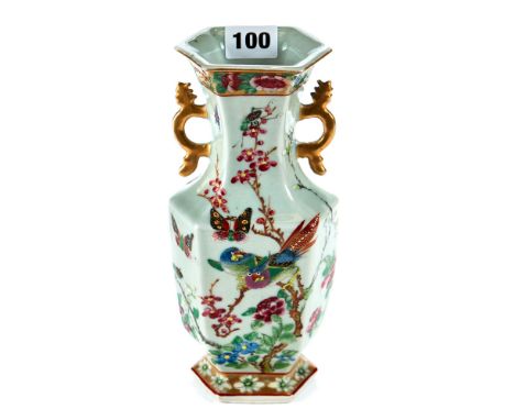 A 19TH CENTURY CHINESE CELADON GROUND PORCELAIN VASE of canted square form with gilt handles to the neck, decorated in polych