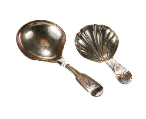 A VICTORIAN SILVER FIDDLE-PATTERN CADDY SPOON, maker:- TS, London 1860 and a bright-cut Georgian DITTO, maker:- I.L, date let