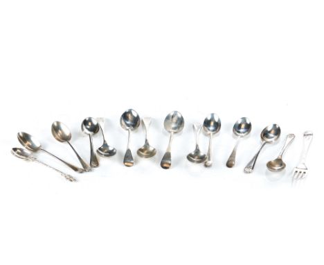 FIVE SILVER TEASPOONS each with different assay marks, maker R &amp; B, eight other silver TEASPOONS and a small silver FORK,