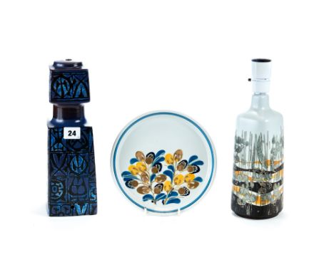 A 20TH CENTURY ROYAL COPENHAGEN "FAJANCE" BLUE GROUND LAMP BASE, 11 1/2 ins high, a DITTO with stylised decoration, 9 3/4 ins