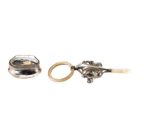 A GEORGE V SILVER FOLIATE EDGED RATTLE with teething ring and mother of pearl handle, maker:- C &amp; N, Birmingham 1928 and 