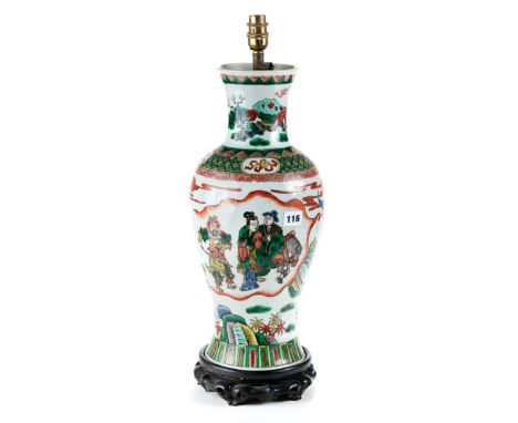 A LATE 19TH CENTURY CHINESE FAMILLE-VERTE PORCELAIN VASE decorated with figures, a warrior and pagoda, 18 ins high together w