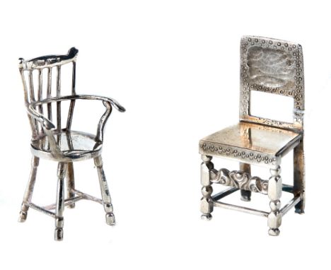 A GEORGE VI MINIATURE SILVER MODEL OF A CAROLEAN CHAIR, maker:- SJR, Birmingham 1951 and a ditto model of a stick-back ARMCHA