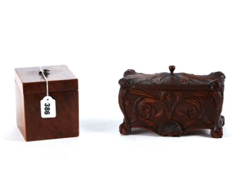 A GEORGE III MAHOGANY AND BOXWOOD STRUNG TEA CADDY, with internal lid, 4 1/4 ins square and a late 19th/early 20th Century fo