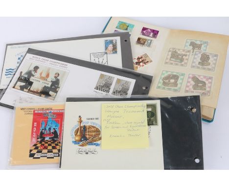 Chess related stamps to include Stanley Gibbons album, Kasparov vs Karpov cover etc. (qty)