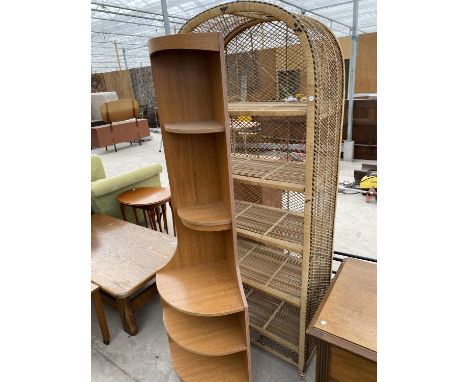 A RETRO TEAK CORNER CABINET AND A WICKER FIVE TIER SHELF 