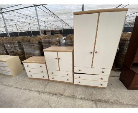 AN OAK EFFECT AND WHITE WARDROBE, TALLBOY AND CHEST OF THREE DRAWERS (WARDROBE REQUIRES REPAIR TO ONE DRAWER RUNNER) 