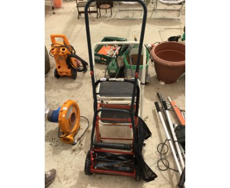 A VINTAGE PUSH MOWER, A SACK TRUCK AND A TWO RUNG STEP LADDER 