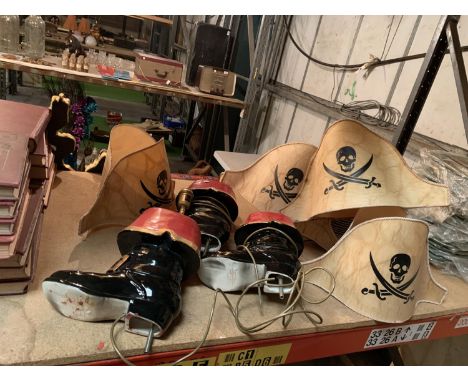 THREE CERAMIC PIRATE BOOT LAMP BASES (ONE A/F) AND FOUR PIRATE HAT STYLE SHADES 