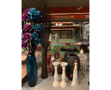 THREE VASES, A PAIR OF WOODEN CANDLE STICKS, AN INDIAN STYLE CANDLE STICK, A TEA LIGHT BIRD CAGE ETC 