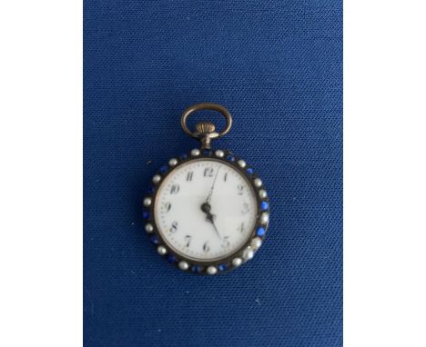 EARLY 20TH CENTURY MANUAL LADIES WHITE MEATL FOB WATCH DECORATED WITH BLUE PASTE STONES AND PEARLS TO BEZEL &amp; CASE BACK, 
