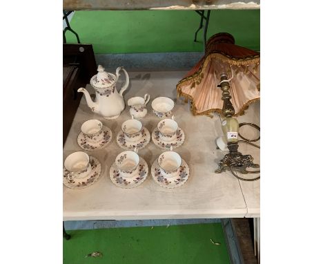 AN ONYX BASED TABLE LAMP AND A ROYAL ALBERT LORRAINE COFFEE SET WITH SIX CUPS AND SAUCERS, COFFEE POT, CREAM JUG AND SUGAR BO