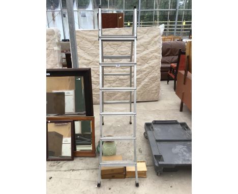 A METAL TWO SECTION TWELVE RUNG LADDER, POTS AND WOODEN BOXES ETC 
