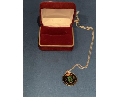 SILVER AND ENAMELLED BELGIUM 5 FRANC COIN PENDANT &amp; CHAIN 