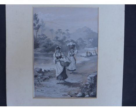 A MONOCHROME PICTURE OF GIRLS WITH WASHING BASKETS NEAR A RIVER - INITIALS A H M - 25 CM X 18 CM 